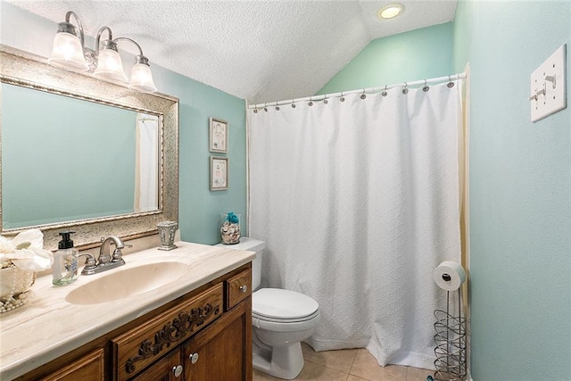 bathroom with tile patterned flooring, a textured ceiling, lofted ceiling, toilet, and vanity