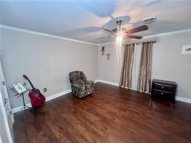 unfurnished room featuring dark hardwood / wood-style floors, ornamental molding, and ceiling fan