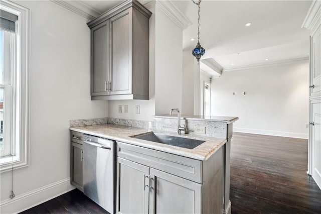 kitchen featuring sink, gray cabinetry, light stone counters, stainless steel dishwasher, and kitchen peninsula