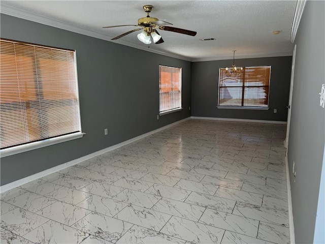 tiled empty room featuring a textured ceiling, ceiling fan with notable chandelier, and ornamental molding