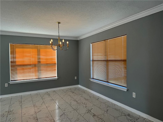 tiled empty room featuring crown molding, a textured ceiling, and a chandelier