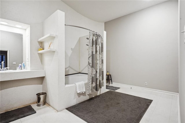 bathroom with shower / bath combination with curtain and tile flooring