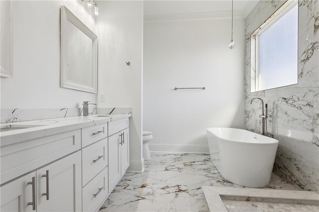 bathroom with oversized vanity, crown molding, tile flooring, toilet, and double sink