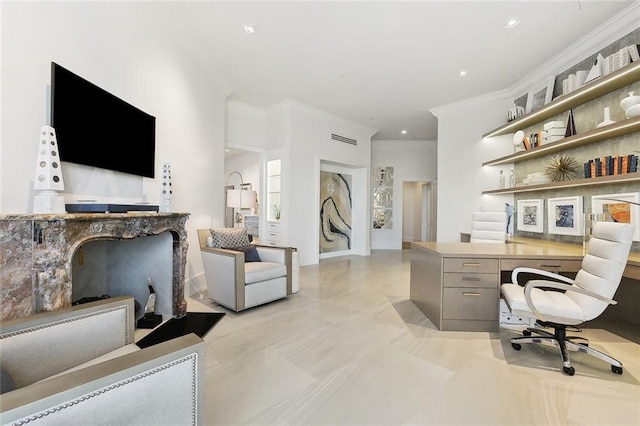 office featuring crown molding and light tile floors