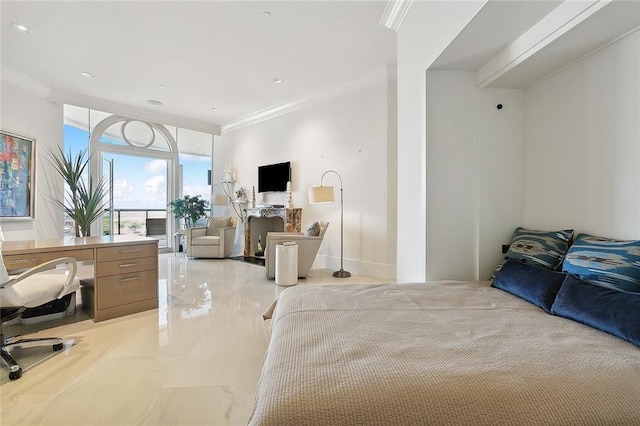 bedroom featuring light tile floors and crown molding