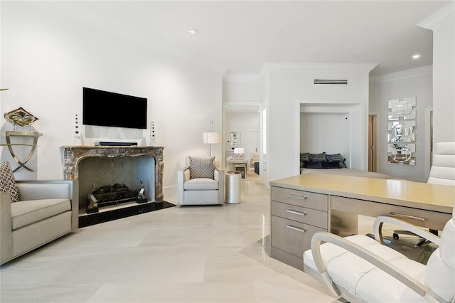 tiled living room with ornamental molding