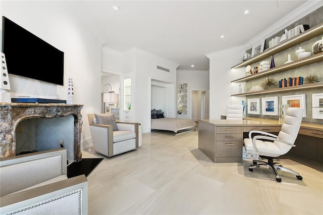 tiled office with crown molding