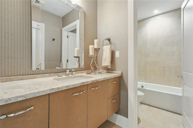 full bathroom with tub / shower combination, tile flooring, toilet, and vanity