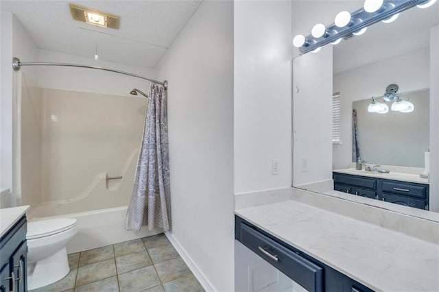 full bathroom featuring toilet, tile flooring, vanity, and shower / bath combo with shower curtain