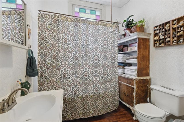 bathroom featuring toilet, vanity, and hardwood / wood-style flooring