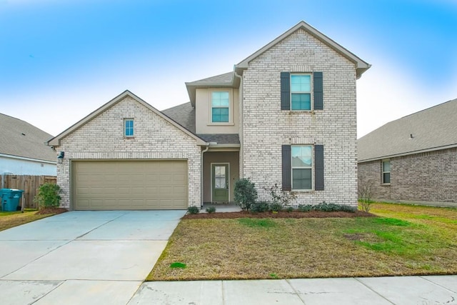 traditional home featuring a front lawn, concrete driveway, and brick siding