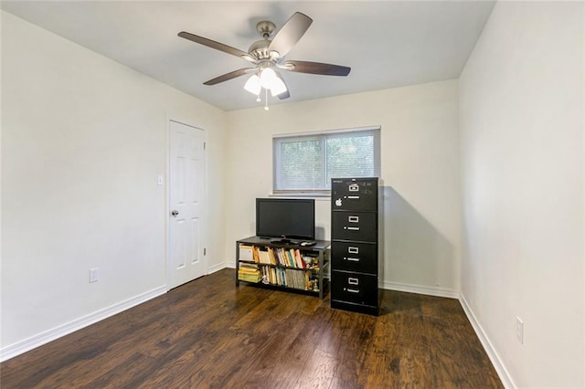 office space with dark hardwood / wood-style flooring and ceiling fan