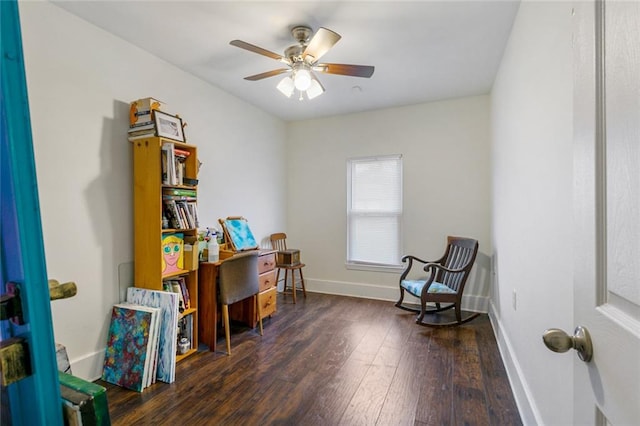 office space featuring dark hardwood / wood-style floors and ceiling fan