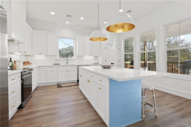 kitchen featuring ornamental molding, tasteful backsplash, wood-type flooring, and stainless steel electric range