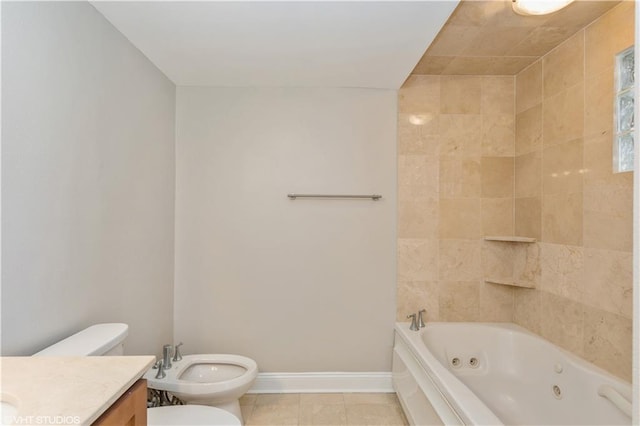 bathroom with toilet, a bidet, vanity, a bath to relax in, and tile floors