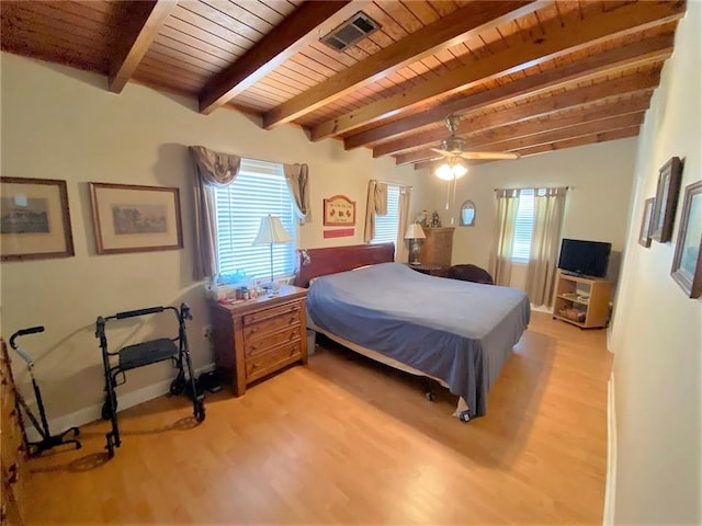 bedroom with wooden ceiling, beam ceiling, ceiling fan, and hardwood / wood-style floors