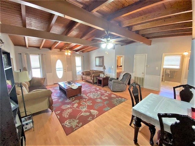 living room featuring wooden ceiling, wood-type flooring, ceiling fan, and lofted ceiling with beams