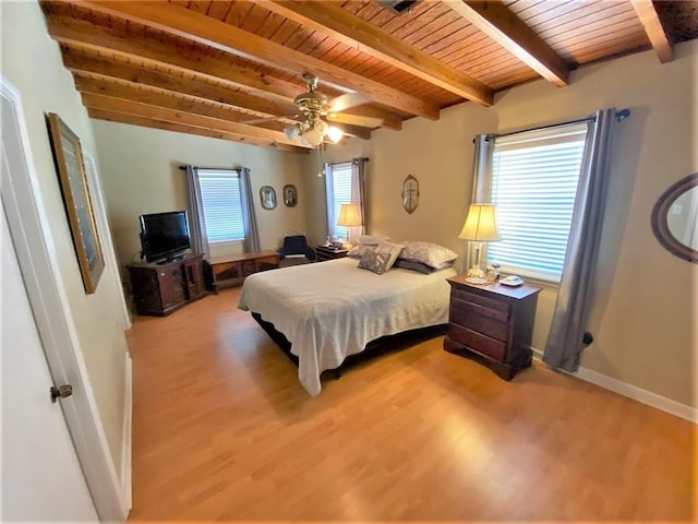 bedroom with wood-type flooring, multiple windows, and wood ceiling