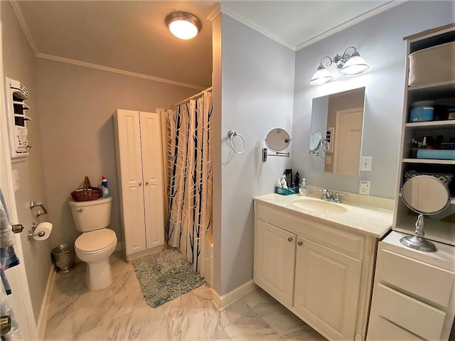 bathroom with toilet, tile floors, vanity with extensive cabinet space, and ornamental molding