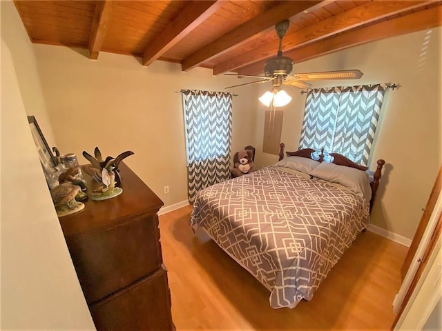 bedroom with beamed ceiling, wood-type flooring, ceiling fan, and wooden ceiling