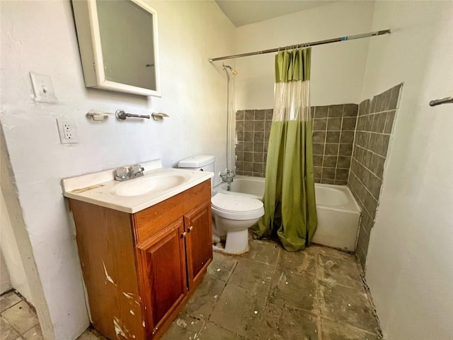 full bathroom featuring toilet, tile floors, shower / tub combo with curtain, and vanity