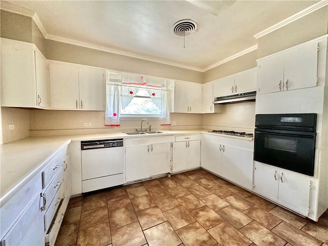 kitchen with black oven, light tile floors, sink, white dishwasher, and white cabinets