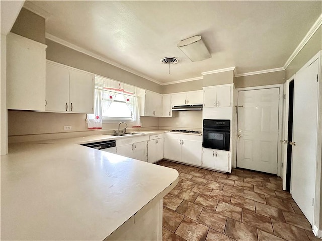 kitchen with sink, tile floors, black oven, and white cabinets