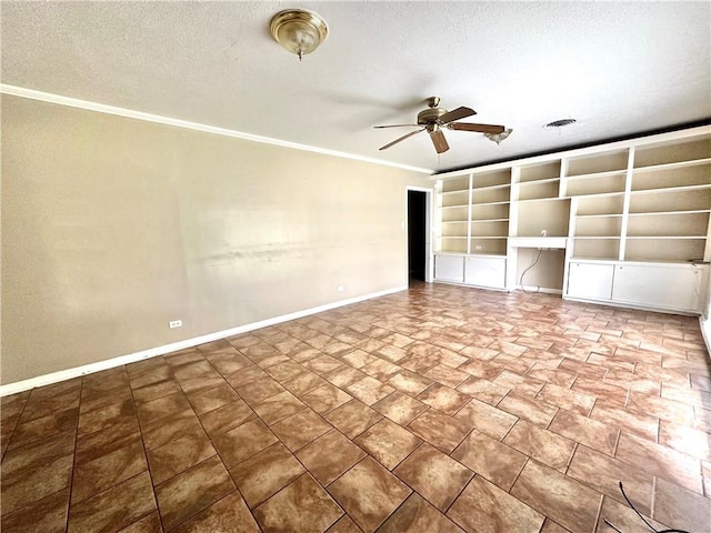 unfurnished bedroom featuring crown molding, ceiling fan, and light tile flooring