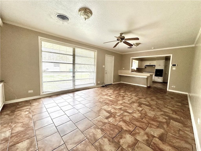 unfurnished living room with ceiling fan, tile floors, and ornamental molding