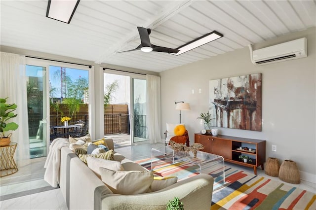 tiled living room featuring ceiling fan and a wall unit AC