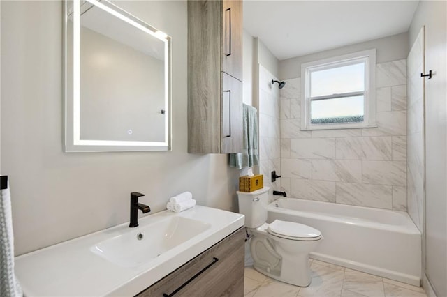 full bathroom featuring tiled shower / bath combo, toilet, vanity, and tile flooring