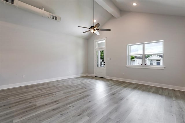 empty room with high vaulted ceiling, ceiling fan, light wood-type flooring, and beamed ceiling