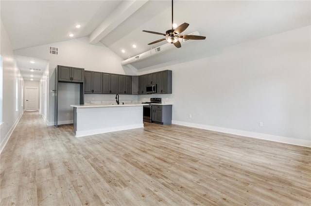 kitchen featuring ceiling fan, stainless steel appliances, and light hardwood / wood-style floors