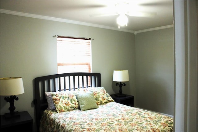 bedroom featuring ceiling fan and crown molding