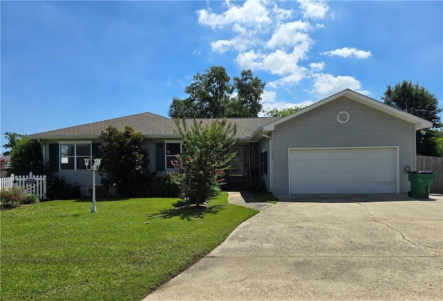 single story home featuring a garage and a front lawn