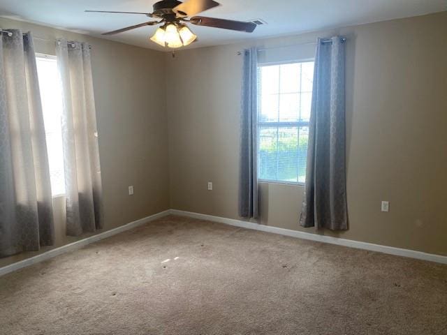 empty room featuring ceiling fan and carpet