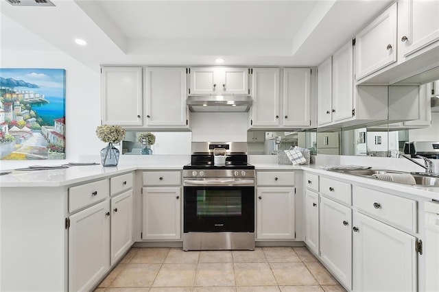 kitchen featuring a raised ceiling, a sink, under cabinet range hood, and stainless steel electric range