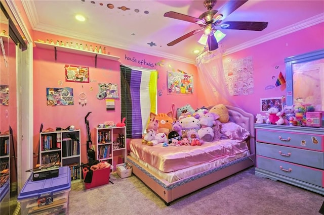 bedroom with ornamental molding, carpet flooring, and ceiling fan