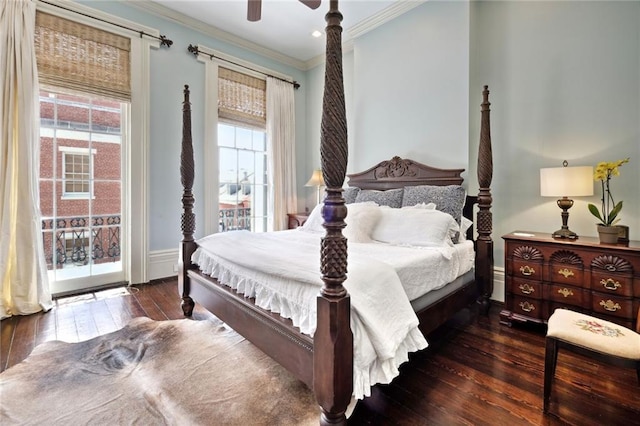 bedroom with dark hardwood / wood-style flooring, crown molding, access to outside, and ceiling fan