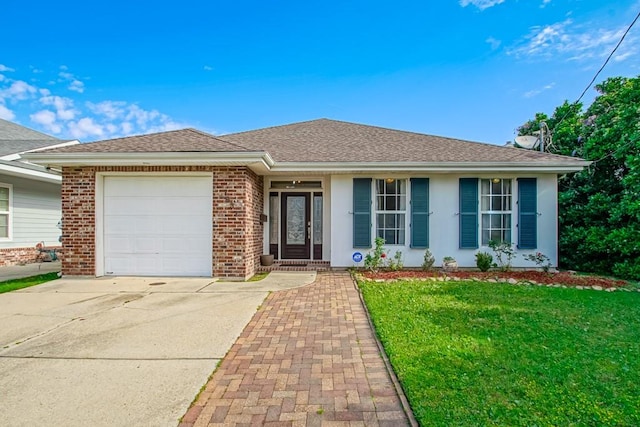 ranch-style home featuring a front lawn and a garage