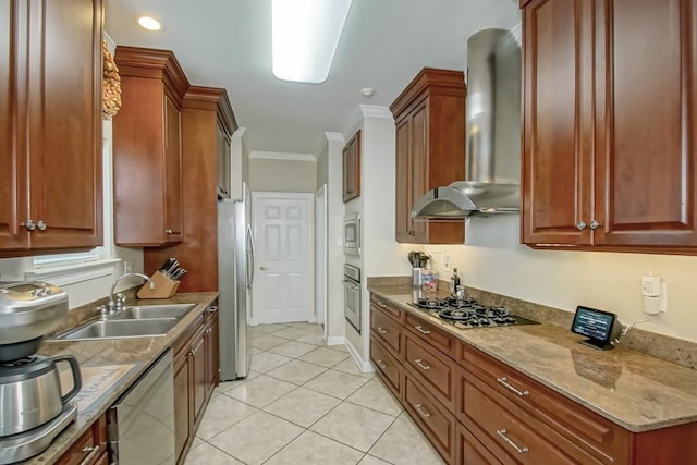 kitchen featuring wall chimney range hood, stainless steel appliances, light tile floors, sink, and crown molding