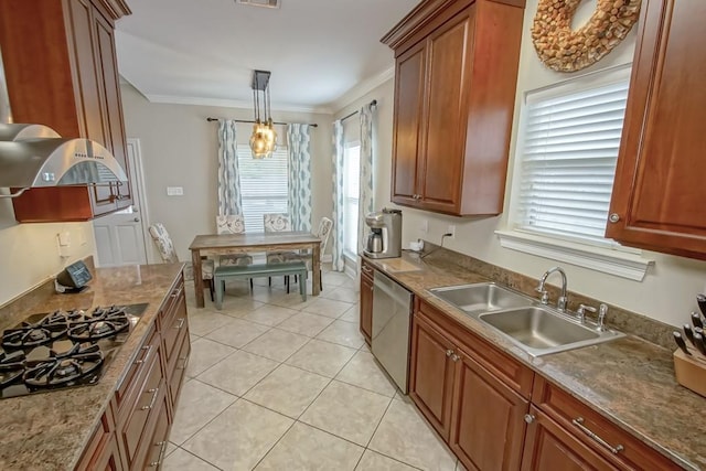 kitchen featuring decorative light fixtures, light tile floors, stainless steel appliances, sink, and ornamental molding