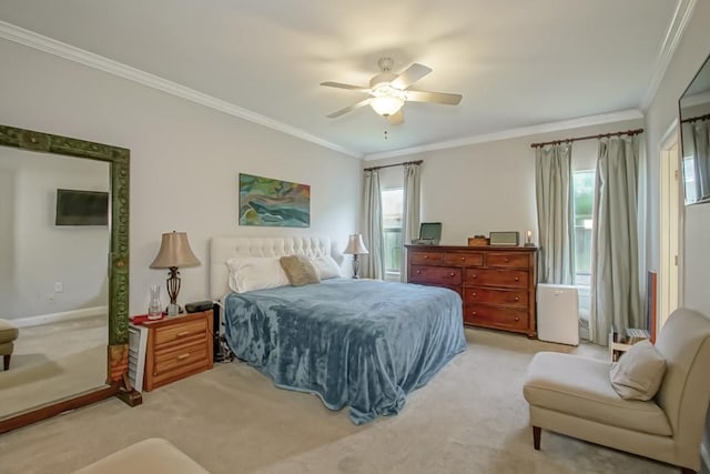 bedroom with multiple windows, crown molding, light colored carpet, and ceiling fan