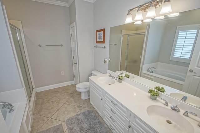 full bathroom featuring double sink vanity, tile flooring, shower with separate bathtub, toilet, and ornamental molding