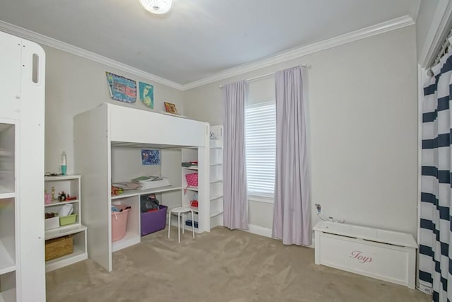 carpeted bedroom with ornamental molding