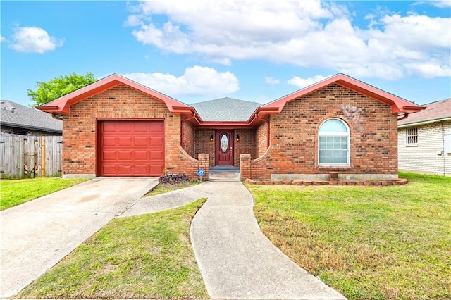 single story home with a front lawn and a garage