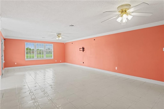 unfurnished room with light tile floors, a textured ceiling, crown molding, and ceiling fan