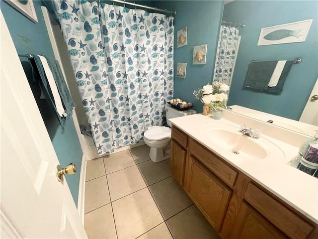 full bathroom with vanity, toilet, tile patterned floors, and shower / bath combination with curtain