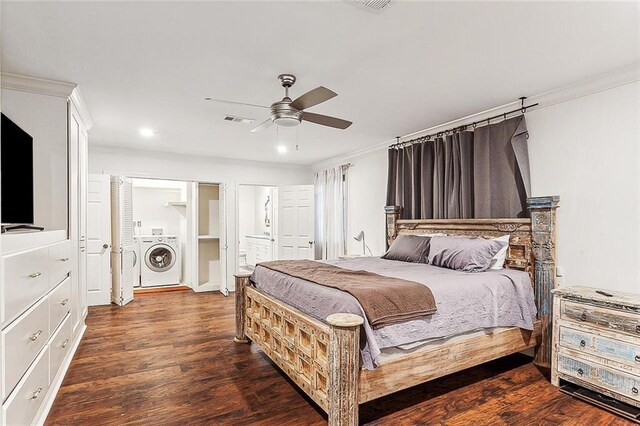 bedroom featuring ornamental molding, dark hardwood / wood-style flooring, ceiling fan, and washer / dryer