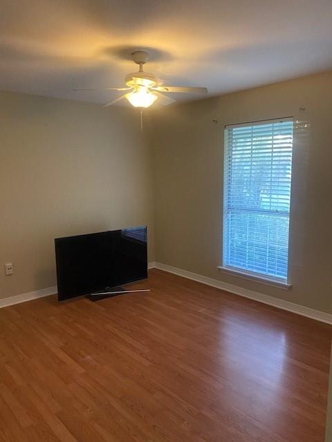 interior space featuring ceiling fan, dark wood-type flooring, and a wealth of natural light